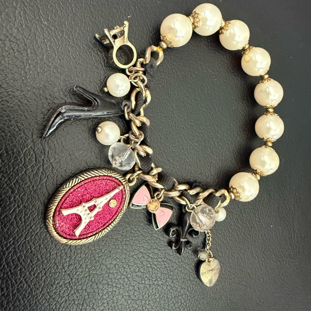 Betsey Johnson Vintage Pearl and Pink Charm Bracelet